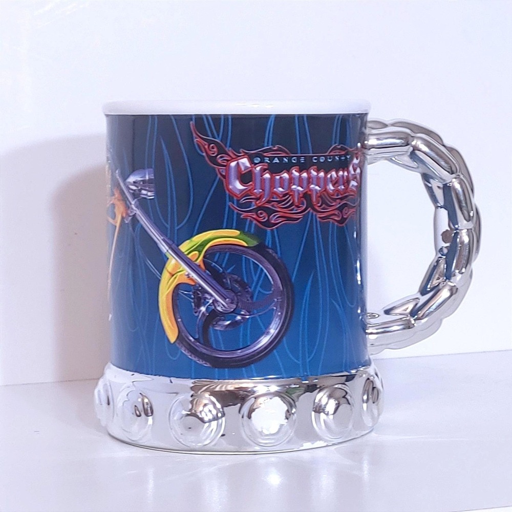 Orange County Choppers OCC 2004 Coffee Mug Chrome Chain Handle Studded Base Blue